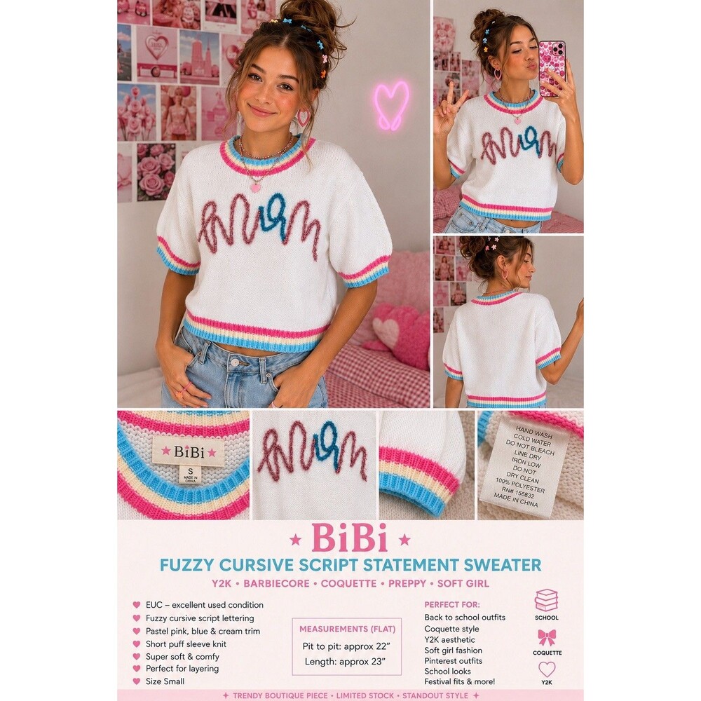 EUC BiBi Fuzzy Cursive Script Spring Sweater Coquette Y2K Puff Sleeve Knit Top S - Picture 1 of 15